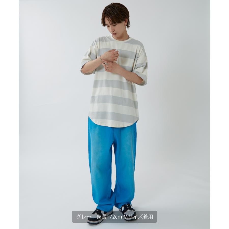 半袖Tシャツ メンズ ワイド ボーダー カットソー クルーネック オーバーサイズ 大きいサイズ ゆったり カジュアル マリン ストリート ブラック グレー | improves | 07