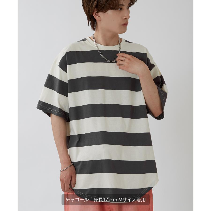 半袖Tシャツ メンズ ワイド ボーダー カットソー クルーネック オーバーサイズ 大きいサイズ ゆったり カジュアル マリン ストリート ブラック グレー | improves | 08