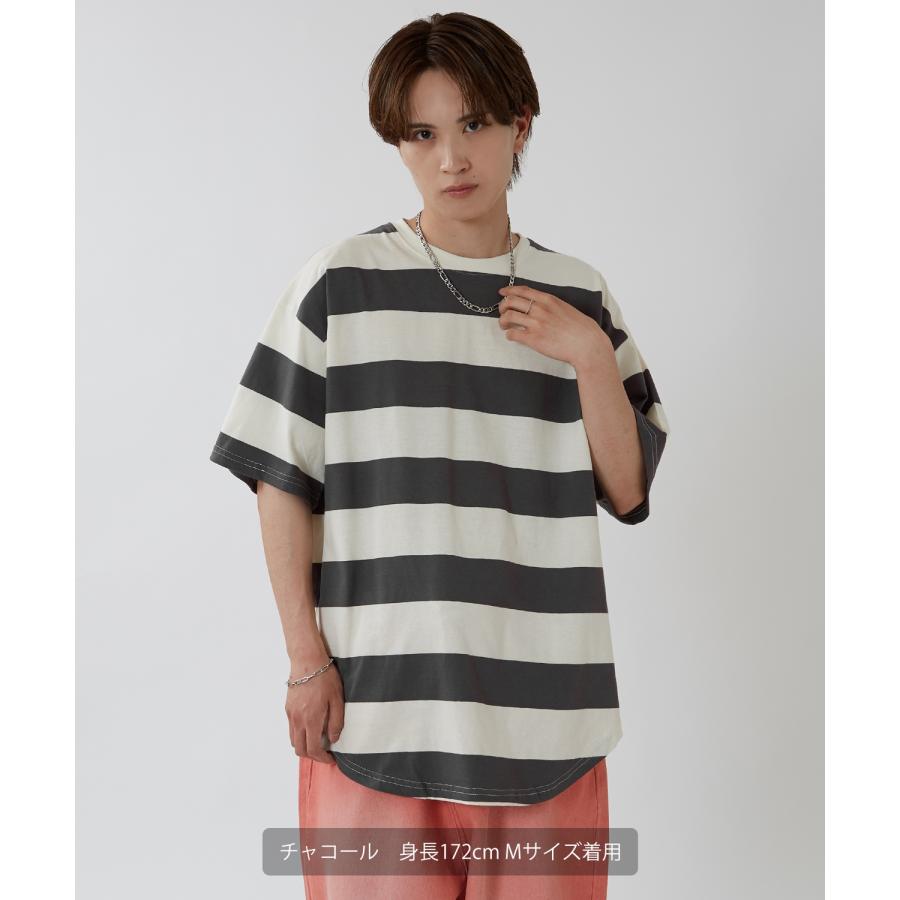 半袖Tシャツ メンズ ワイド ボーダー カットソー クルーネック オーバーサイズ 大きいサイズ ゆったり カジュアル マリン ストリート ブラック グレー | improves | 09