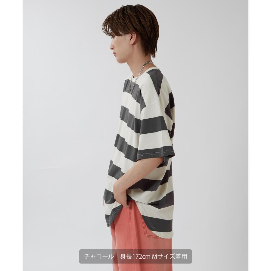 半袖Tシャツ メンズ ワイド ボーダー カットソー クルーネック オーバーサイズ 大きいサイズ ゆったり カジュアル マリン ストリート ブラック グレー | improves | 10