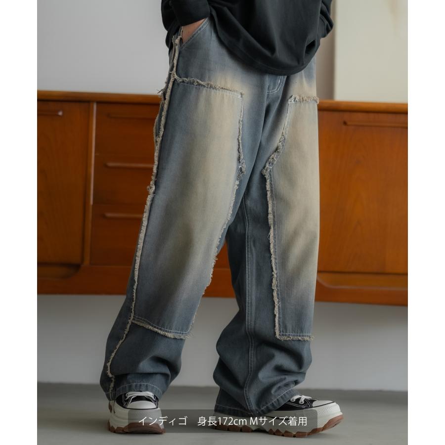 improves デニムパンツ メンズ フリンジ加工 ダブルニー ワイドパンツ 