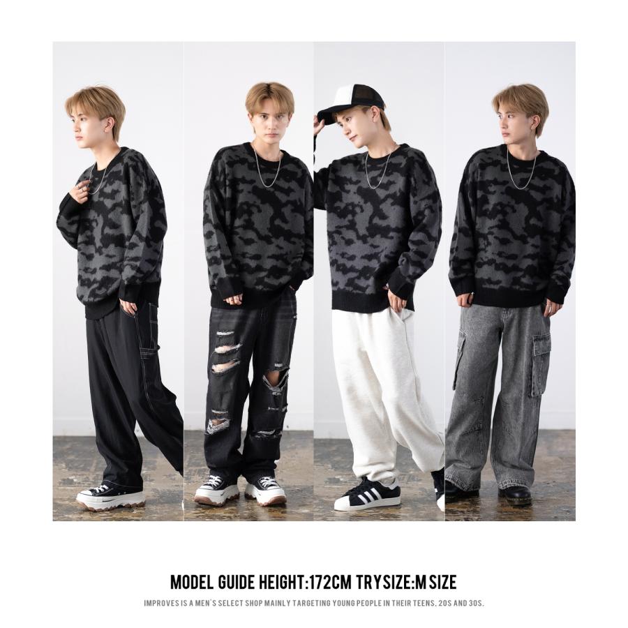 セーター メンズ モヘアタッチ クルーネックニット 無地 チェック ゼブラ ヒョウ柄 迷彩 総柄 アメカジ カジュアル シンプル ストリート スケーター 韓国 | improves | 34