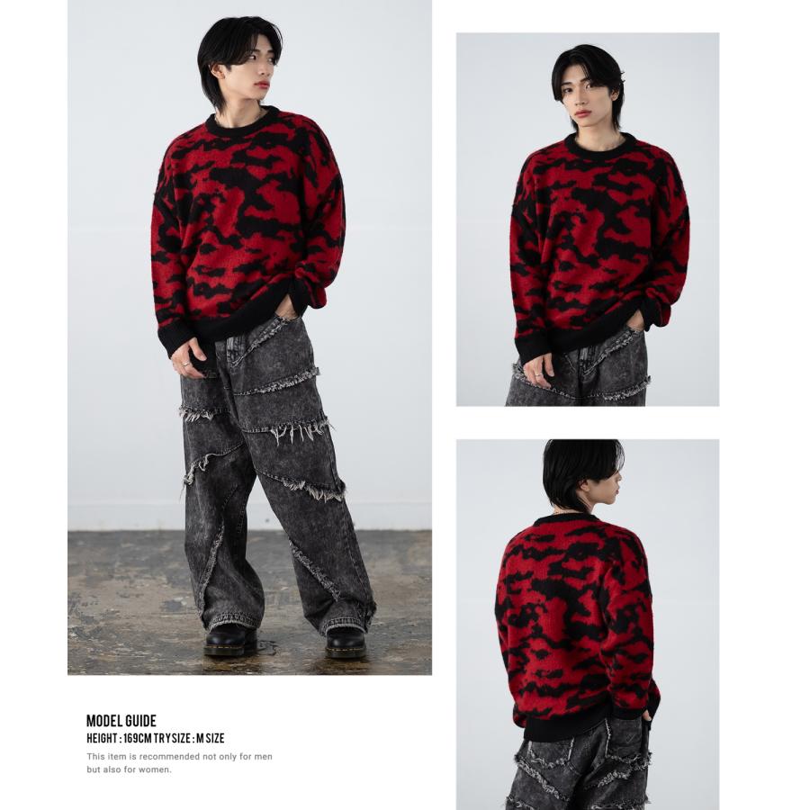 セーター メンズ モヘアタッチ クルーネックニット 無地 チェック ゼブラ ヒョウ柄 迷彩 総柄 アメカジ カジュアル シンプル ストリート スケーター 韓国 | improves | 35