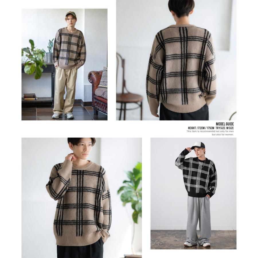 セーター メンズ モヘアタッチ クルーネックニット 無地 チェック ゼブラ ヒョウ柄 迷彩 総柄 アメカジ カジュアル シンプル ストリート スケーター 韓国 | improves | 29