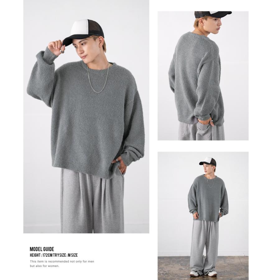 セーター メンズ フェザーヤーン クルーネックニット 無地 ボーダー 総柄 アメカジ カジュアル シンプル ストリート スケーター 韓国ファッション | improves | 17