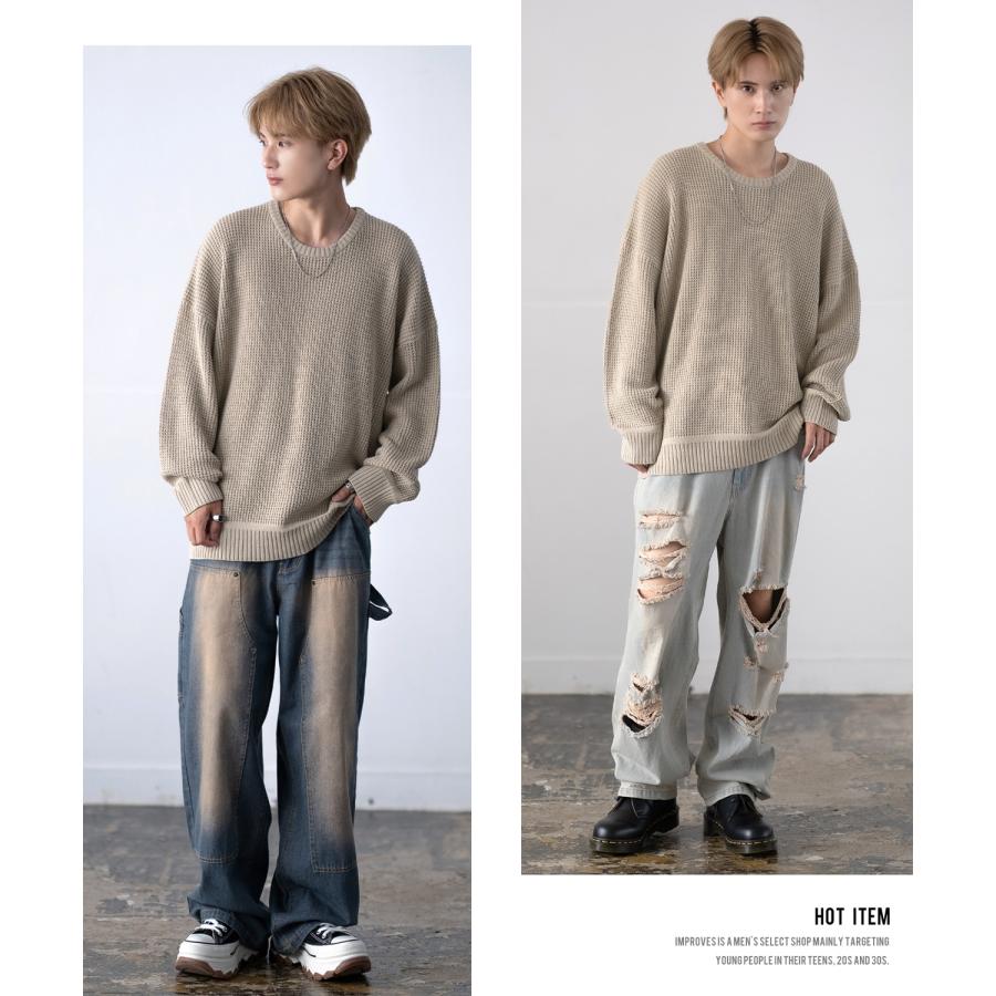 セーター メンズ ラーベン編み コットンニット クルーネックニット 無地 ボーダー 総柄 アメカジ カジュアル シンプル ストリート スケーター 韓国ファッション | improves | 11