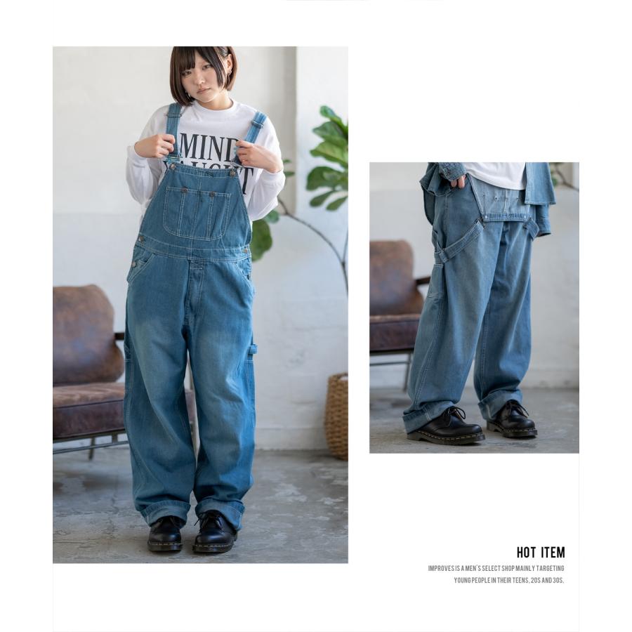 オーバーオール メンズ サロペット デニム ジーンズ ヒッコリー ワイド ゆったり アメカジ カジュアル ワーク ストリート 古着MIX ブルー ネイビー キャメル | improves | 05