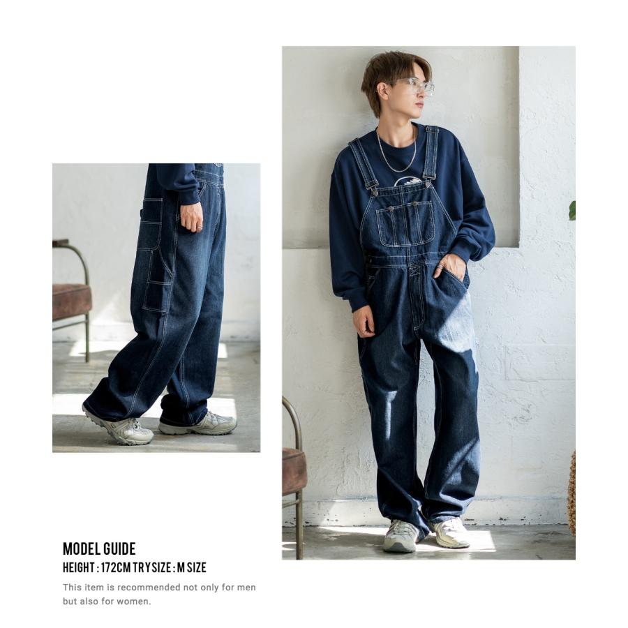 オーバーオール メンズ サロペット デニム ジーンズ ヒッコリー ワイド ゆったり アメカジ カジュアル ワーク ストリート 古着MIX ブルー ネイビー キャメル | improves | 09