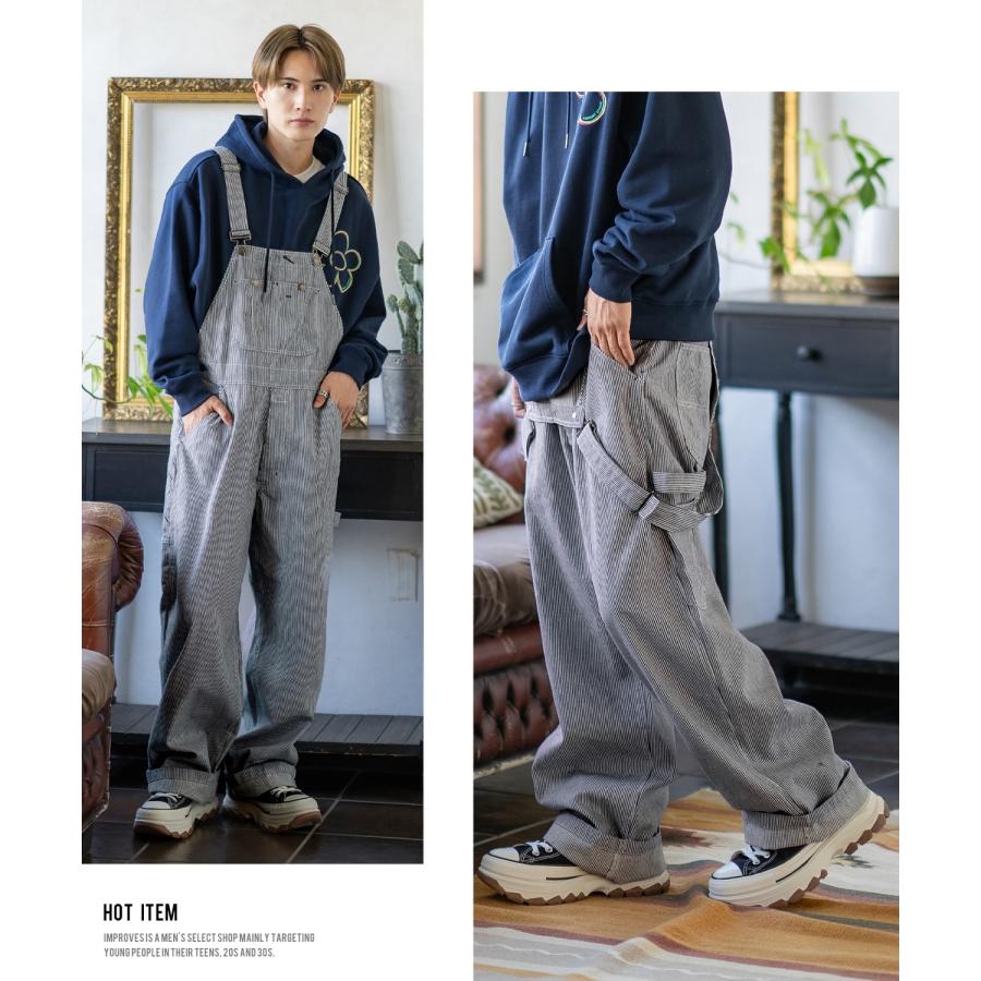 オーバーオール メンズ サロペット デニム ジーンズ ヒッコリー ワイド ゆったり アメカジ カジュアル ワーク ストリート 古着MIX ブルー ネイビー キャメル | improves | 13