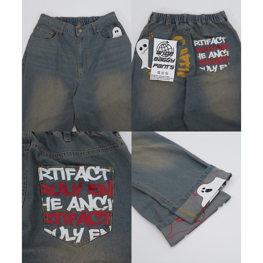 デニムパンツ メンズ レディース プリント使いロールアップデニム パンツワイドパンツ アメカジ カジュアル スケーター ストリート 古着MIX 韓国 | improves | 17