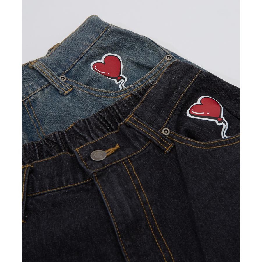 デニムパンツ メンズ レディース プリント使いロールアップデニム パンツワイドパンツ アメカジ カジュアル スケーター ストリート 古着MIX 韓国 | improves | 21