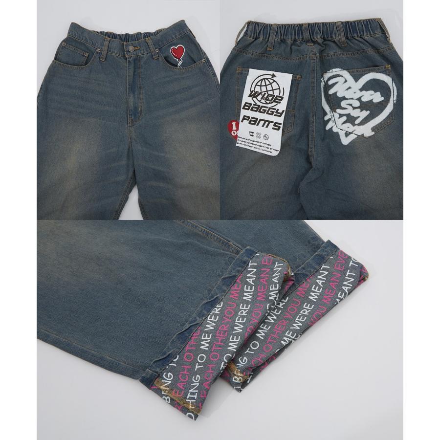 デニムパンツ メンズ レディース プリント使いロールアップデニム パンツワイドパンツ アメカジ カジュアル スケーター ストリート 古着MIX 韓国 | improves | 22