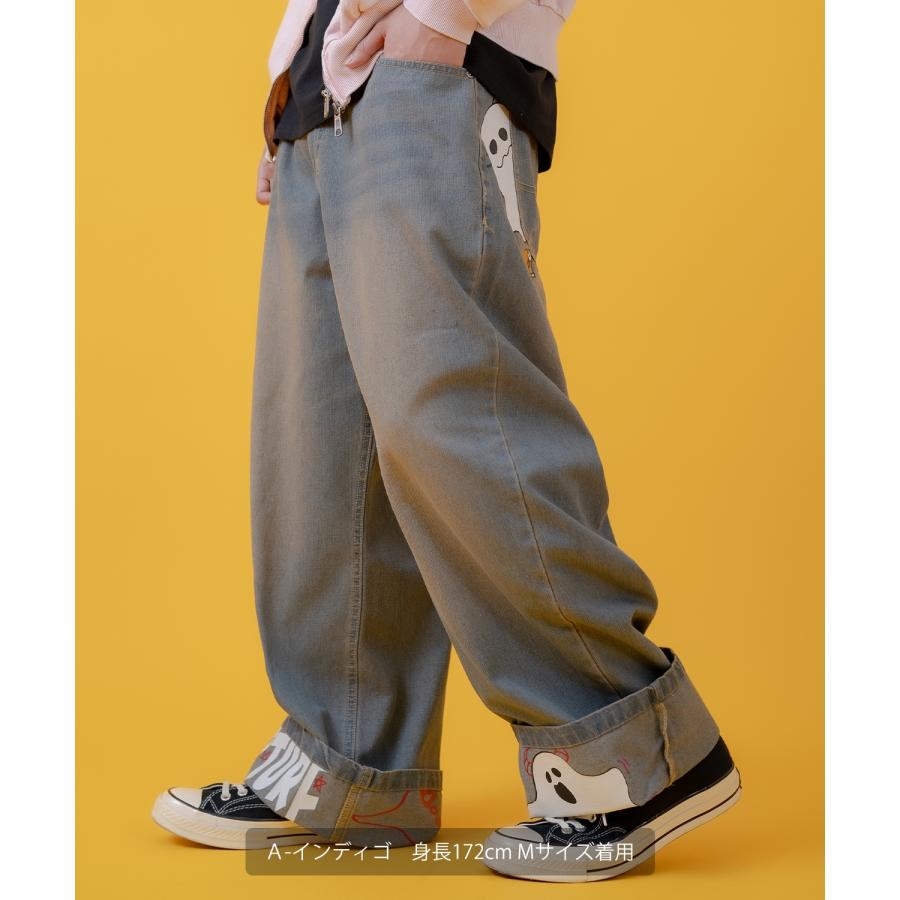 デニムパンツ メンズ レディース プリント使いロールアップデニム パンツワイドパンツ アメカジ カジュアル スケーター ストリート 古着MIX 韓国 | improves | 05