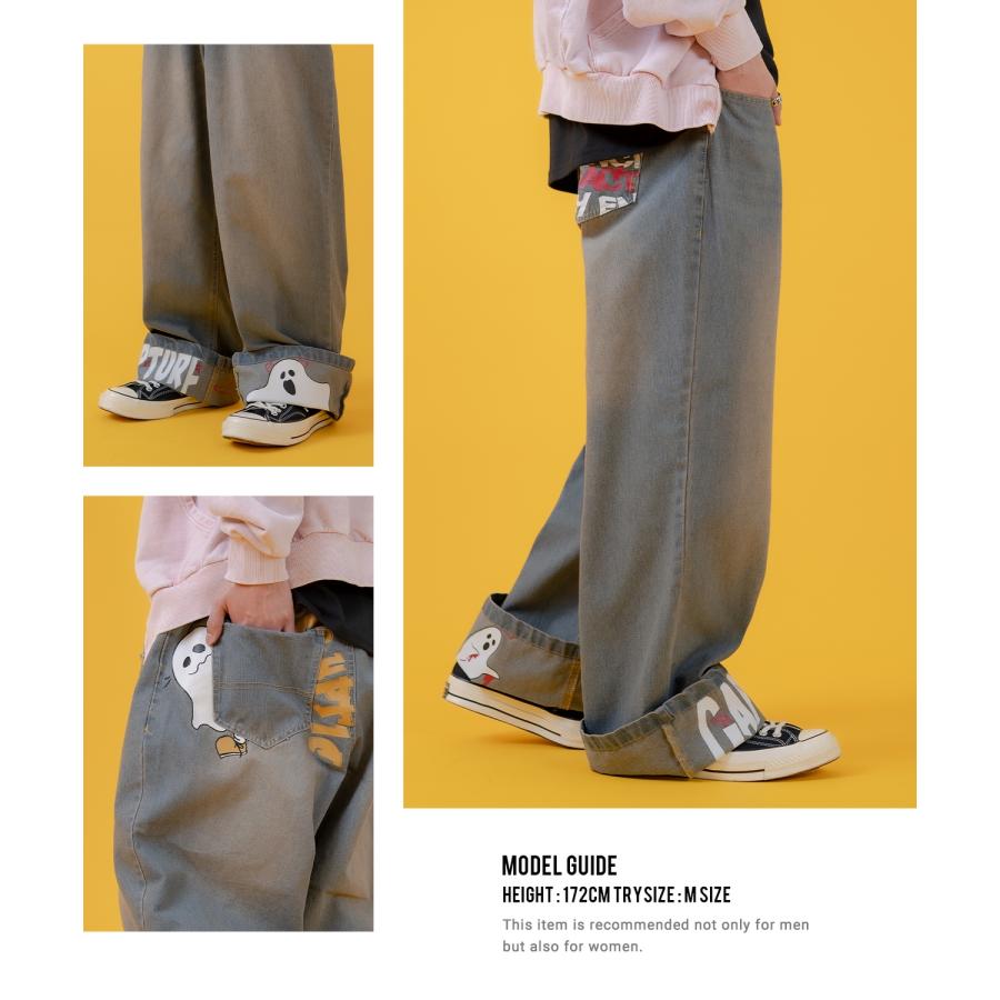 デニムパンツ メンズ レディース プリント使いロールアップデニム パンツワイドパンツ アメカジ カジュアル スケーター ストリート 古着MIX 韓国 | improves | 06