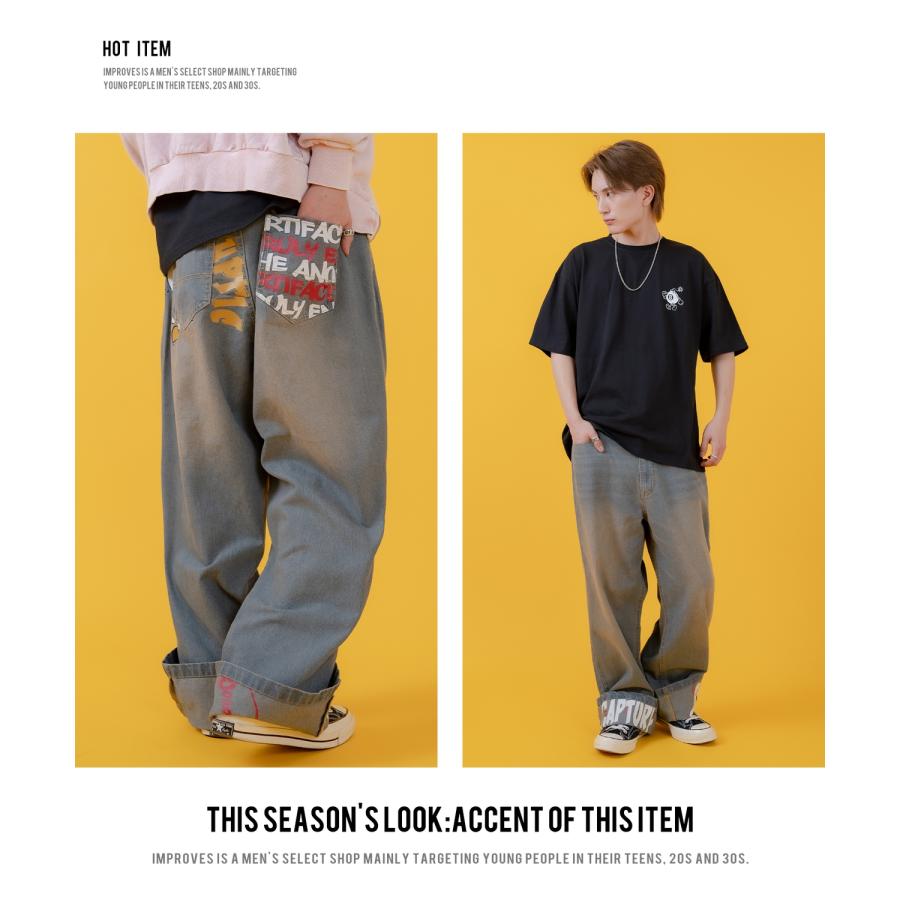 デニムパンツ メンズ レディース プリント使いロールアップデニム パンツワイドパンツ アメカジ カジュアル スケーター ストリート 古着MIX 韓国 | improves | 07