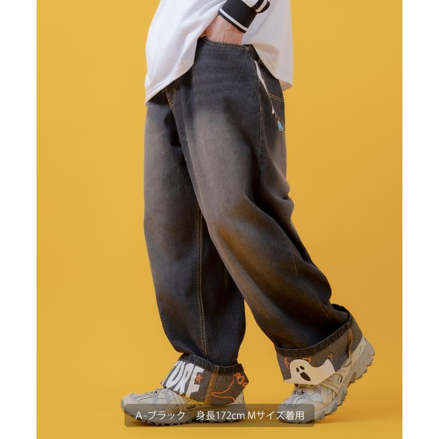 デニムパンツ メンズ レディース プリント使いロールアップデニム パンツワイドパンツ アメカジ カジュアル スケーター ストリート 古着MIX 韓国 | improves | 08