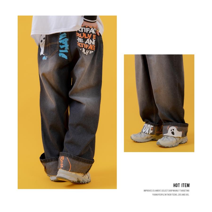 デニムパンツ メンズ レディース プリント使いロールアップデニム パンツワイドパンツ アメカジ カジュアル スケーター ストリート 古着MIX 韓国 | improves | 09