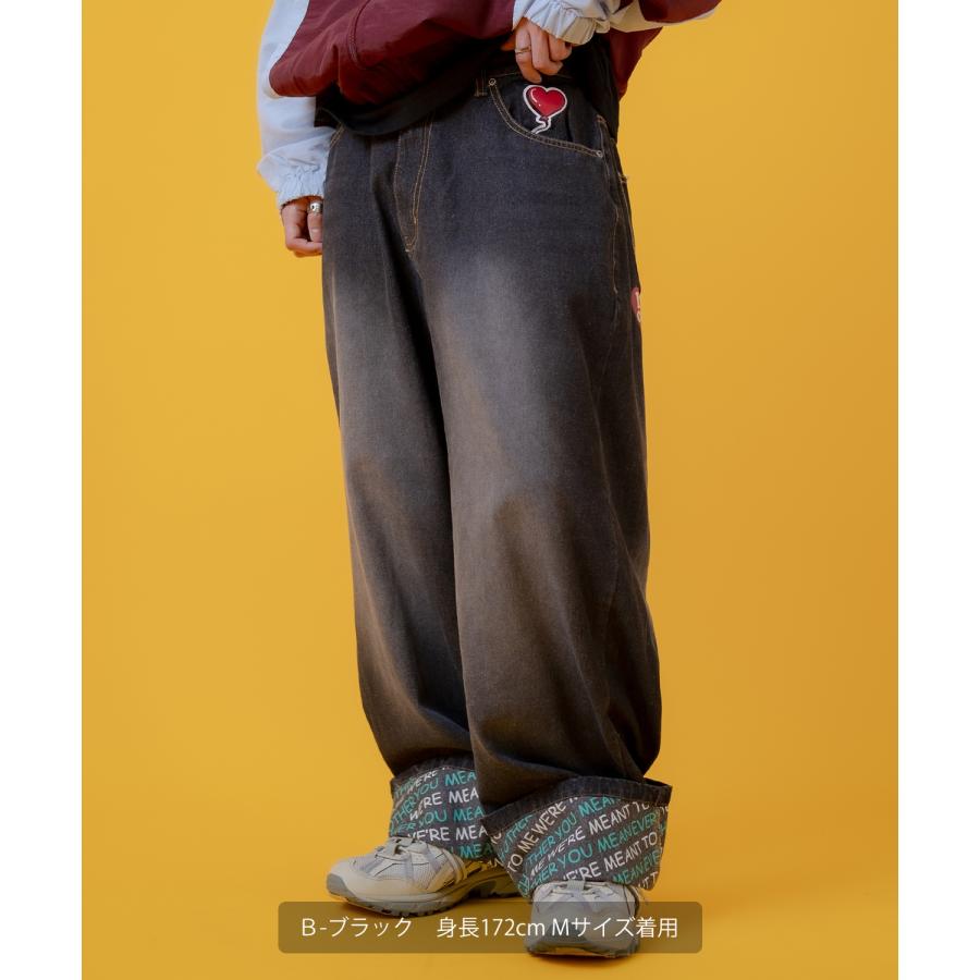 デニムパンツ メンズ レディース プリント使いロールアップデニム パンツワイドパンツ アメカジ カジュアル スケーター ストリート 古着MIX 韓国 | improves | 13