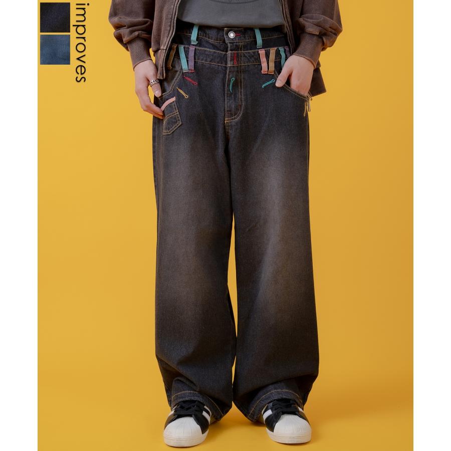 デニムパンツ メンズ アメカジ カジュアル  ダブルウエス ト デザインパンツ バギーパンツ ワイドパンツ スケーター ストリート 古着MIX 韓国 | improves