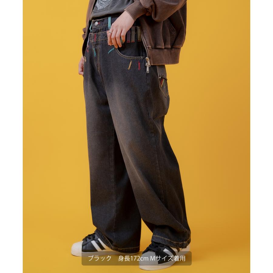デニムパンツ メンズ アメカジ カジュアル  ダブルウエス ト デザインパンツ バギーパンツ ワイドパンツ スケーター ストリート 古着MIX 韓国 | improves | 03