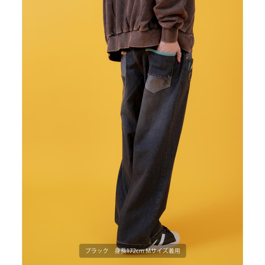 デニムパンツ メンズ アメカジ カジュアル  ダブルウエス ト デザインパンツ バギーパンツ ワイドパンツ スケーター ストリート 古着MIX 韓国 | improves | 04