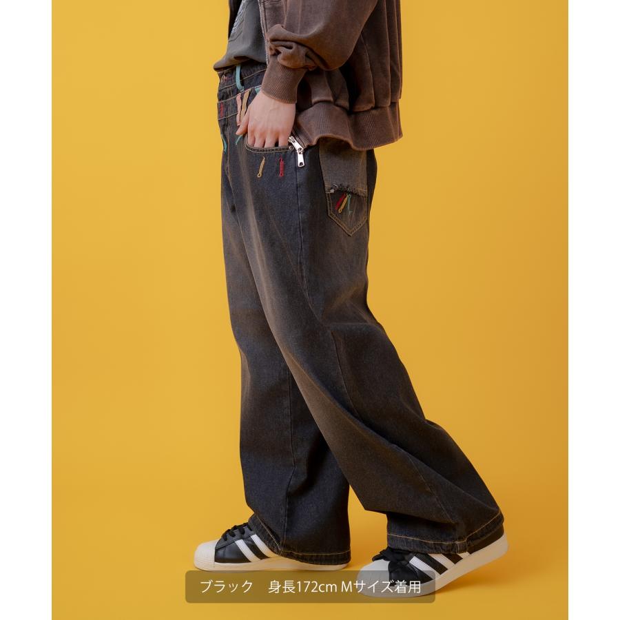 デニムパンツ メンズ アメカジ カジュアル  ダブルウエス ト デザインパンツ バギーパンツ ワイドパンツ スケーター ストリート 古着MIX 韓国 | improves | 05