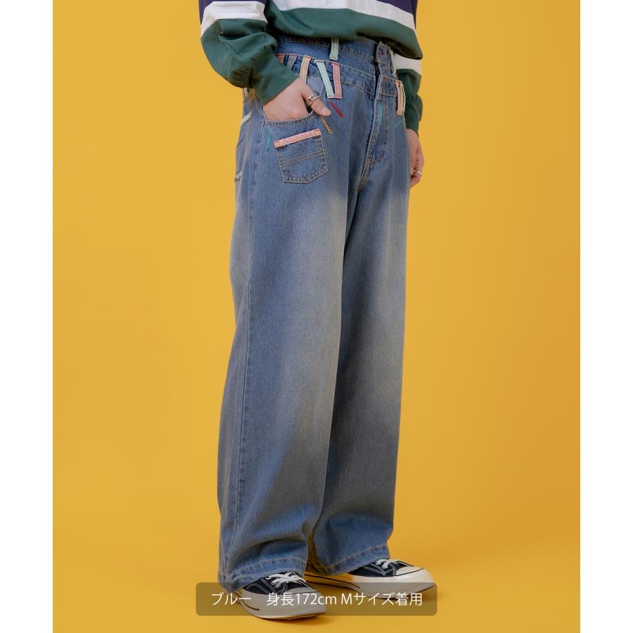 デニムパンツ メンズ アメカジ カジュアル  ダブルウエス ト デザインパンツ バギーパンツ ワイドパンツ スケーター ストリート 古着MIX 韓国 | improves | 07