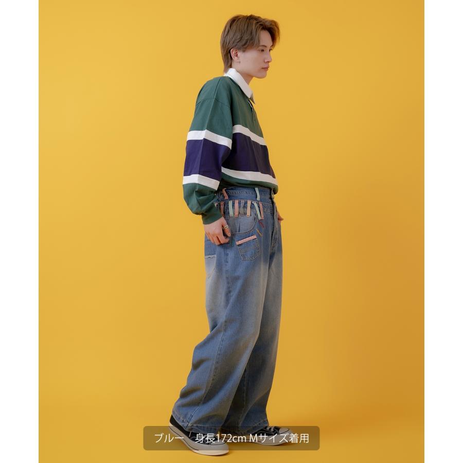 デニムパンツ メンズ アメカジ カジュアル  ダブルウエス ト デザインパンツ バギーパンツ ワイドパンツ スケーター ストリート 古着MIX 韓国 | improves | 11