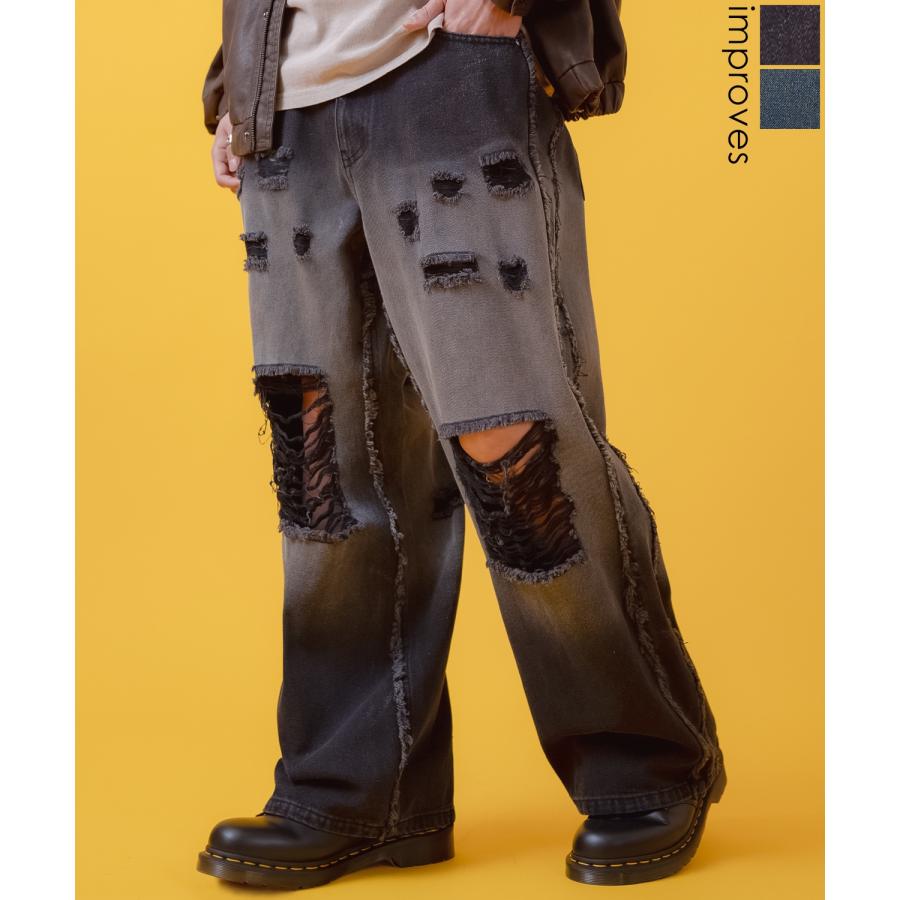 デニムパンツ メンズ レディース グランジ加工 グラデーション フリンジパンツ ワイドパンツ アメカジ カジュアル スケーター ストリート 古着MIX 韓国 | improves
