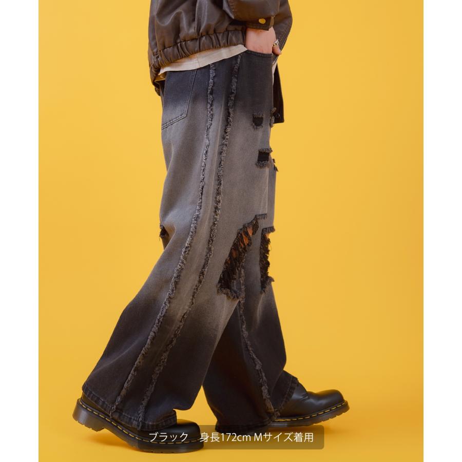 デニムパンツ メンズ レディース グランジ加工 グラデーション フリンジパンツ ワイドパンツ アメカジ カジュアル スケーター ストリート 古着MIX 韓国 | improves | 12