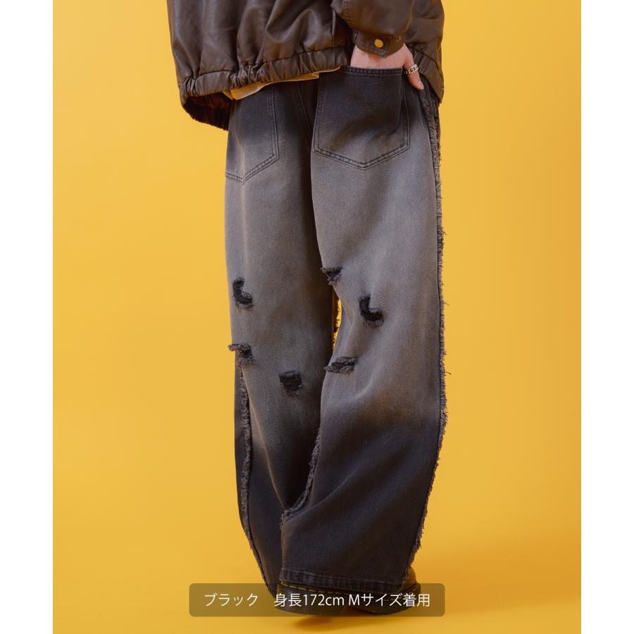 デニムパンツ メンズ レディース グランジ加工 グラデーション フリンジパンツ ワイドパンツ アメカジ カジュアル スケーター ストリート 古着MIX 韓国 | improves | 13