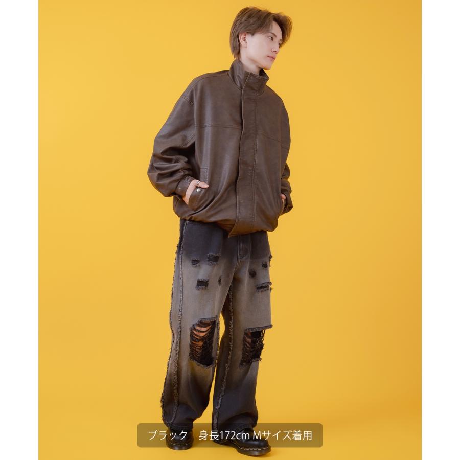 デニムパンツ メンズ レディース グランジ加工 グラデーション フリンジパンツ ワイドパンツ アメカジ カジュアル スケーター ストリート 古着MIX 韓国 | improves | 14