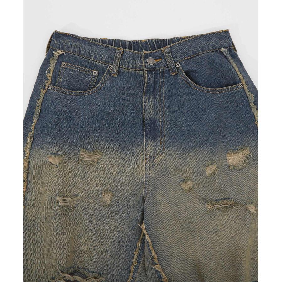 デニムパンツ メンズ レディース グランジ加工 グラデーション フリンジパンツ ワイドパンツ アメカジ カジュアル スケーター ストリート 古着MIX 韓国 | improves | 17