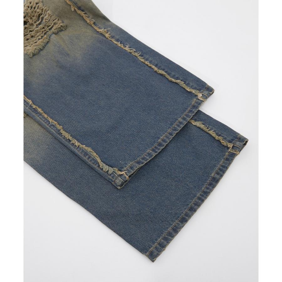 デニムパンツ メンズ レディース グランジ加工 グラデーション フリンジパンツ ワイドパンツ アメカジ カジュアル スケーター ストリート 古着MIX 韓国 | improves | 21