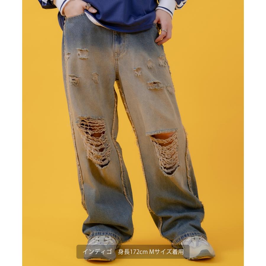 デニムパンツ メンズ レディース グランジ加工 グラデーション フリンジパンツ ワイドパンツ アメカジ カジュアル スケーター ストリート 古着MIX 韓国 | improves | 03