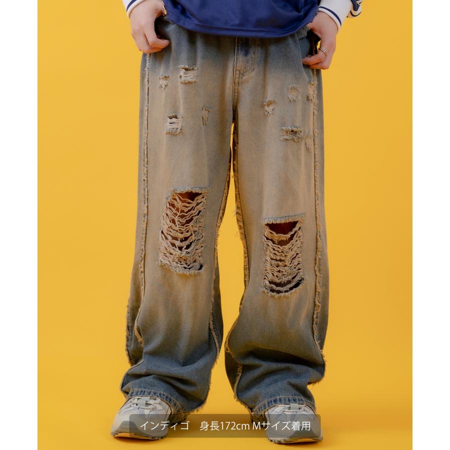 デニムパンツ メンズ レディース グランジ加工 グラデーション フリンジパンツ ワイドパンツ アメカジ カジュアル スケーター ストリート 古着MIX 韓国 | improves | 04