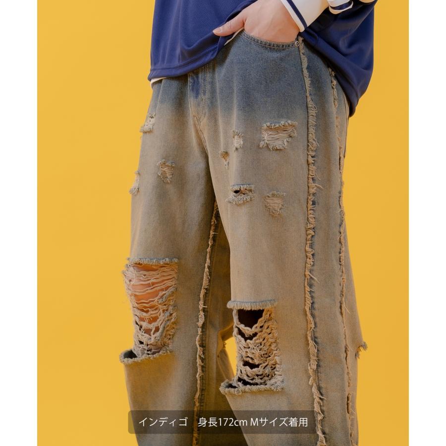 デニムパンツ メンズ レディース グランジ加工 グラデーション フリンジパンツ ワイドパンツ アメカジ カジュアル スケーター ストリート 古着MIX 韓国 | improves | 05