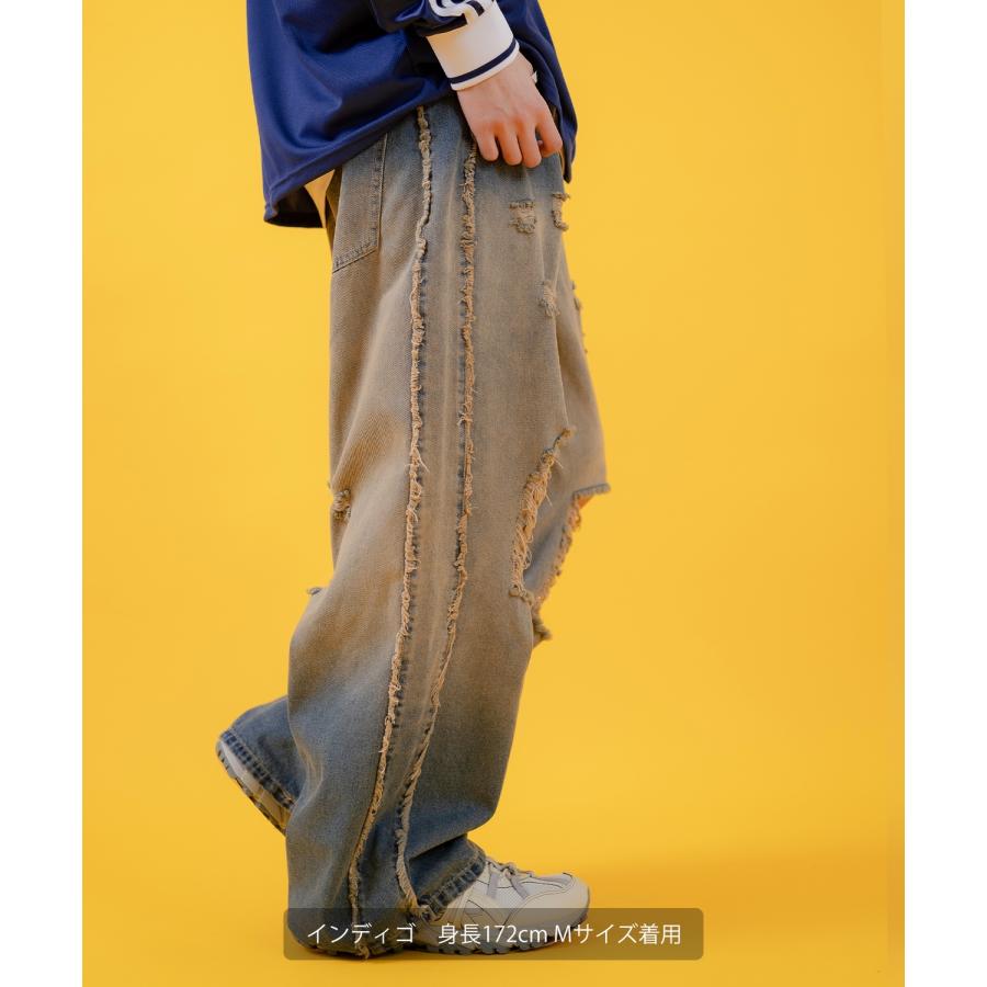 デニムパンツ メンズ レディース グランジ加工 グラデーション フリンジパンツ ワイドパンツ アメカジ カジュアル スケーター ストリート 古着MIX 韓国 | improves | 06