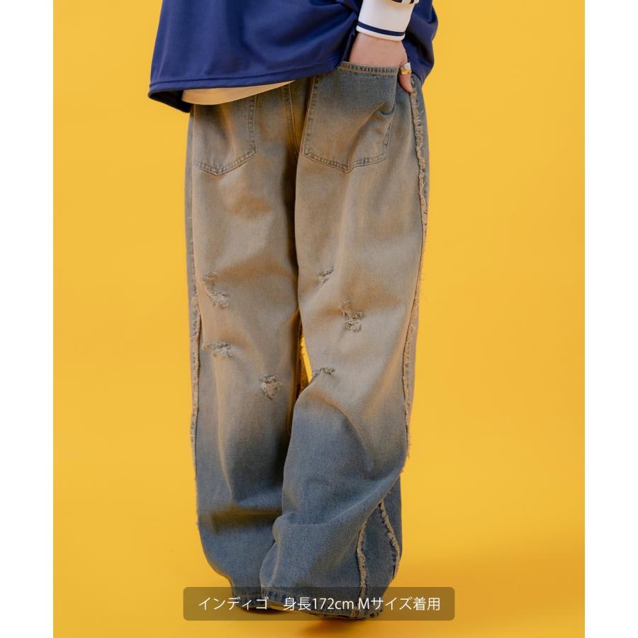 デニムパンツ メンズ レディース グランジ加工 グラデーション フリンジパンツ ワイドパンツ アメカジ カジュアル スケーター ストリート 古着MIX 韓国 | improves | 07