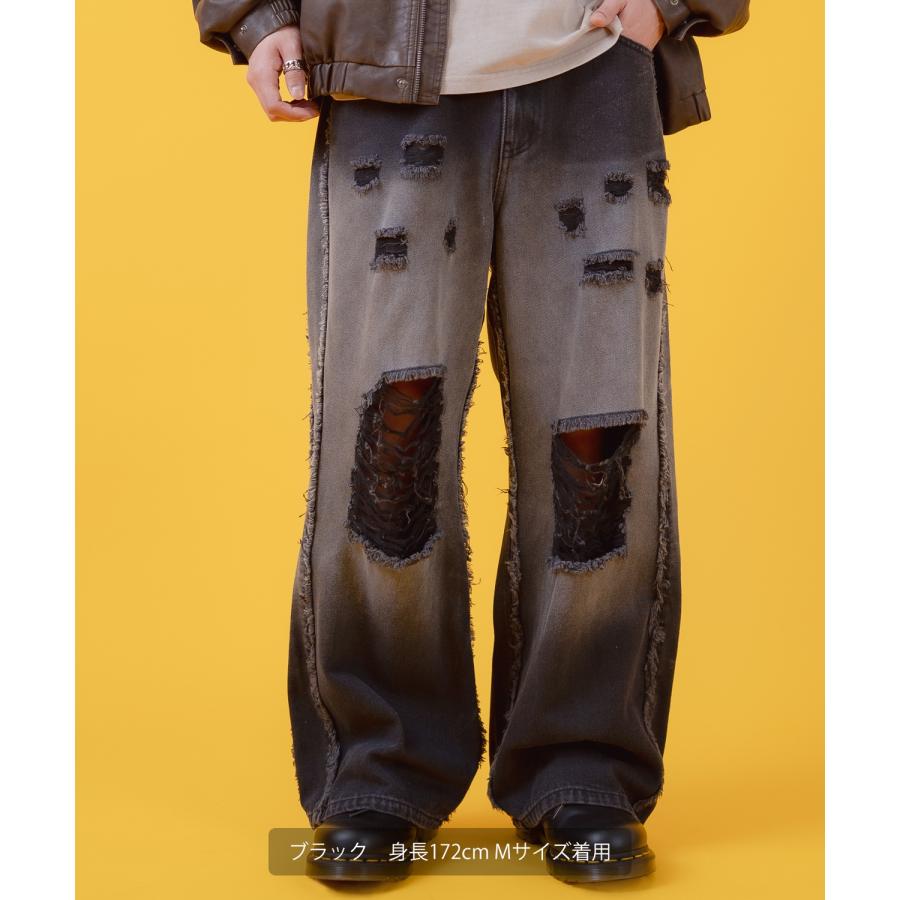 デニムパンツ メンズ レディース グランジ加工 グラデーション フリンジパンツ ワイドパンツ アメカジ カジュアル スケーター ストリート 古着MIX 韓国 | improves | 11