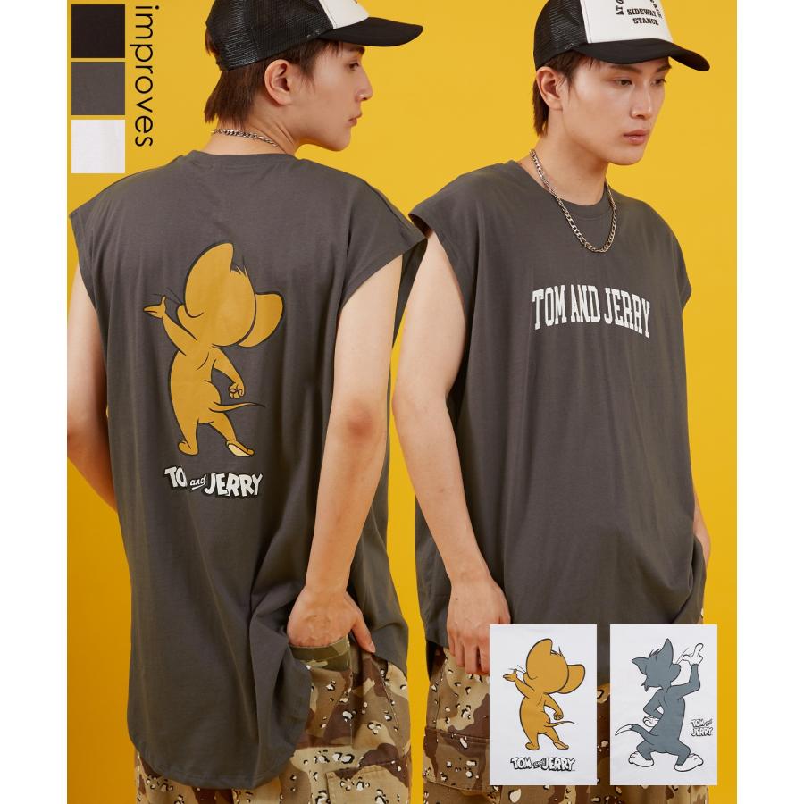 ノースリーブTシャツ メンズ TOM&JERRY トムとジェリー プリント カットソー カレッジ ロゴ 大きめ アメカジ カジュアル スケーター ストリート 古着MIX | improves