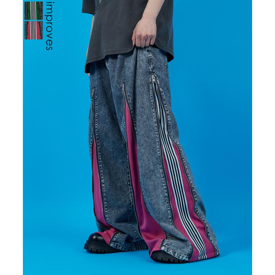 デニムパンツ メンズ ウォッシュド サイドライン　ジップ ワイドパンツバギーパンツ デニム ジーンズ アメカジ カジュアル ストリート スケーター 韓国 | improves