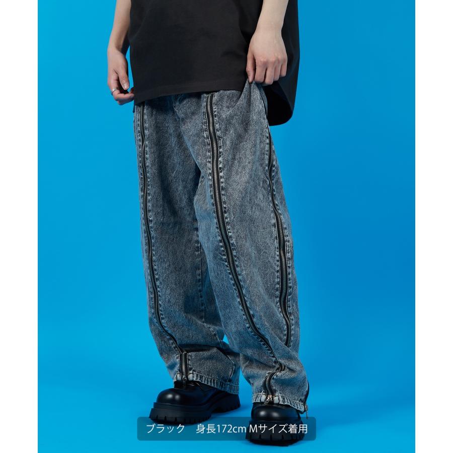 デニムパンツ メンズ ウォッシュド サイドライン　ジップ ワイドパンツバギーパンツ デニム ジーンズ アメカジ カジュアル ストリート スケーター 韓国 | improves | 12