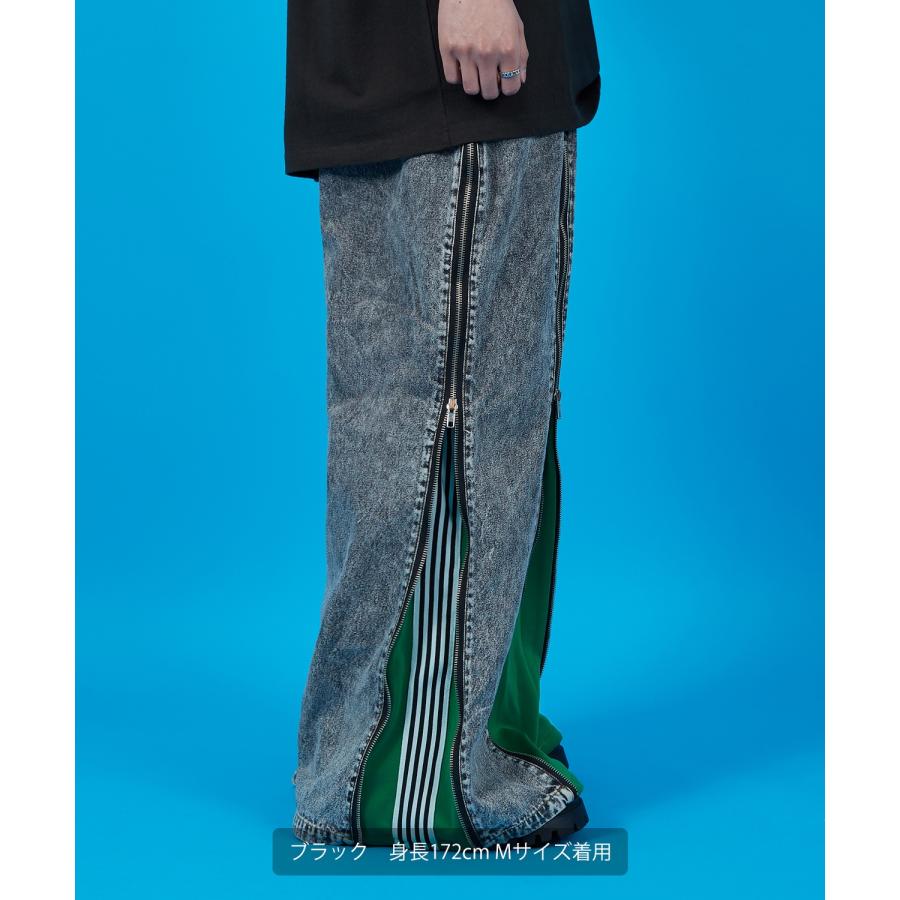 デニムパンツ メンズ ウォッシュド サイドライン　ジップ ワイドパンツバギーパンツ デニム ジーンズ アメカジ カジュアル ストリート スケーター 韓国 | improves | 13