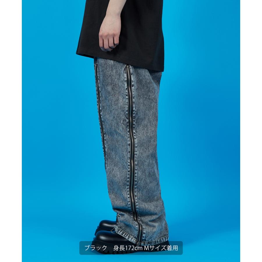 デニムパンツ メンズ ウォッシュド サイドライン　ジップ ワイドパンツバギーパンツ デニム ジーンズ アメカジ カジュアル ストリート スケーター 韓国 | improves | 14