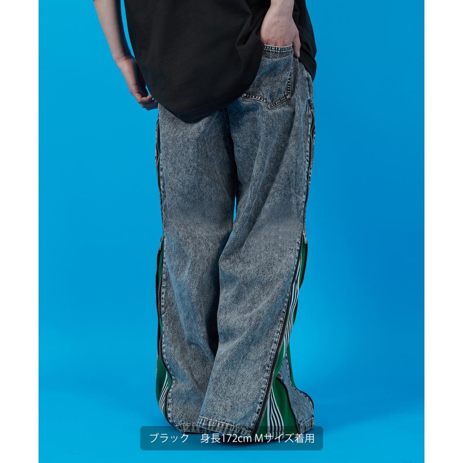 デニムパンツ メンズ ウォッシュド サイドライン　ジップ ワイドパンツバギーパンツ デニム ジーンズ アメカジ カジュアル ストリート スケーター 韓国 | improves | 15