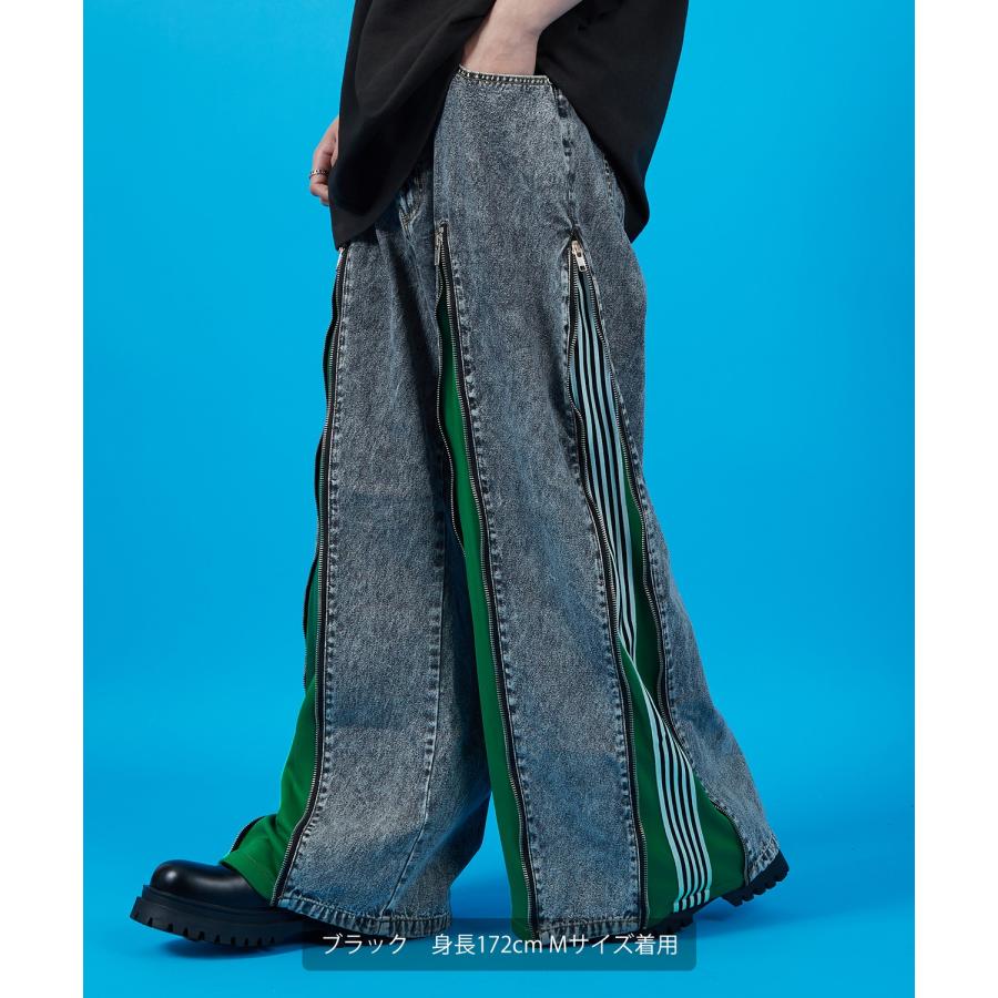 デニムパンツ メンズ ウォッシュド サイドライン　ジップ ワイドパンツバギーパンツ デニム ジーンズ アメカジ カジュアル ストリート スケーター 韓国 | improves | 16