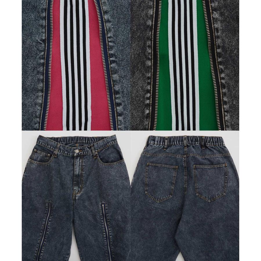 デニムパンツ メンズ ウォッシュド サイドライン　ジップ ワイドパンツバギーパンツ デニム ジーンズ アメカジ カジュアル ストリート スケーター 韓国 | improves | 19