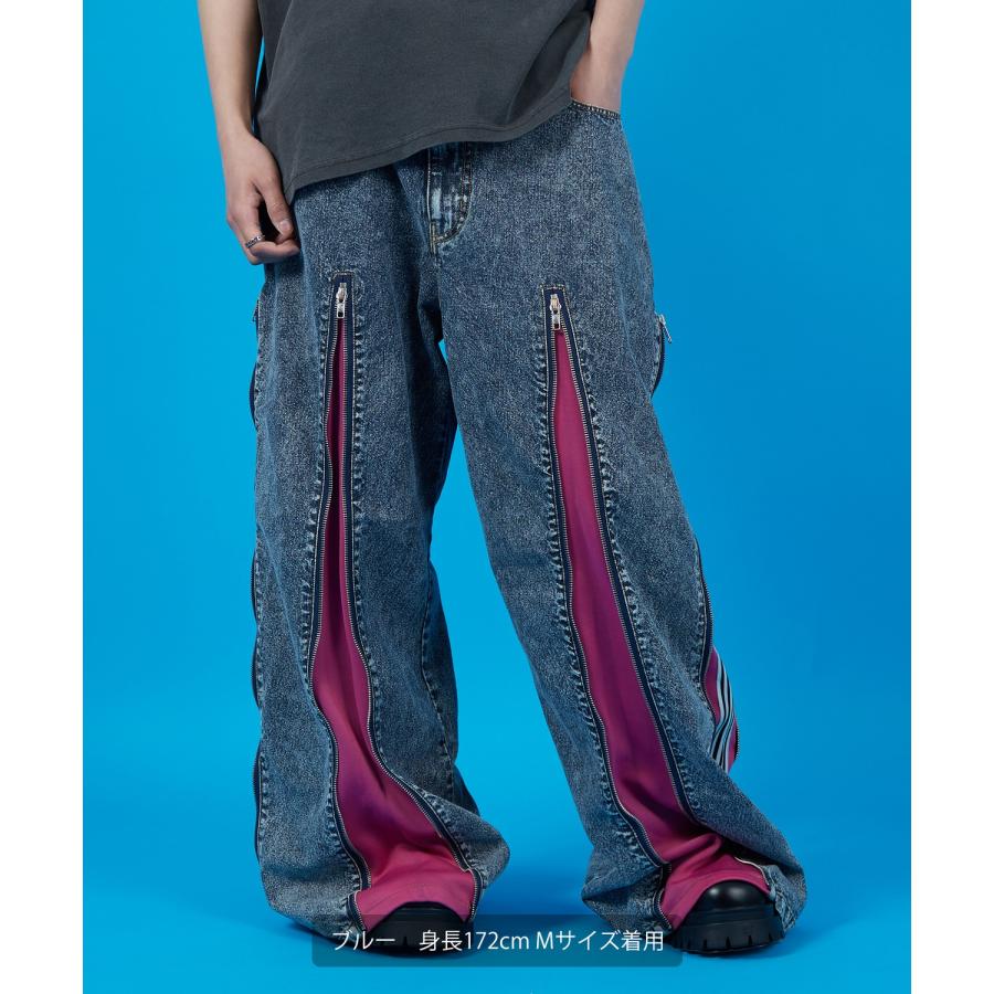 デニムパンツ メンズ ウォッシュド サイドライン　ジップ ワイドパンツバギーパンツ デニム ジーンズ アメカジ カジュアル ストリート スケーター 韓国 | improves | 03