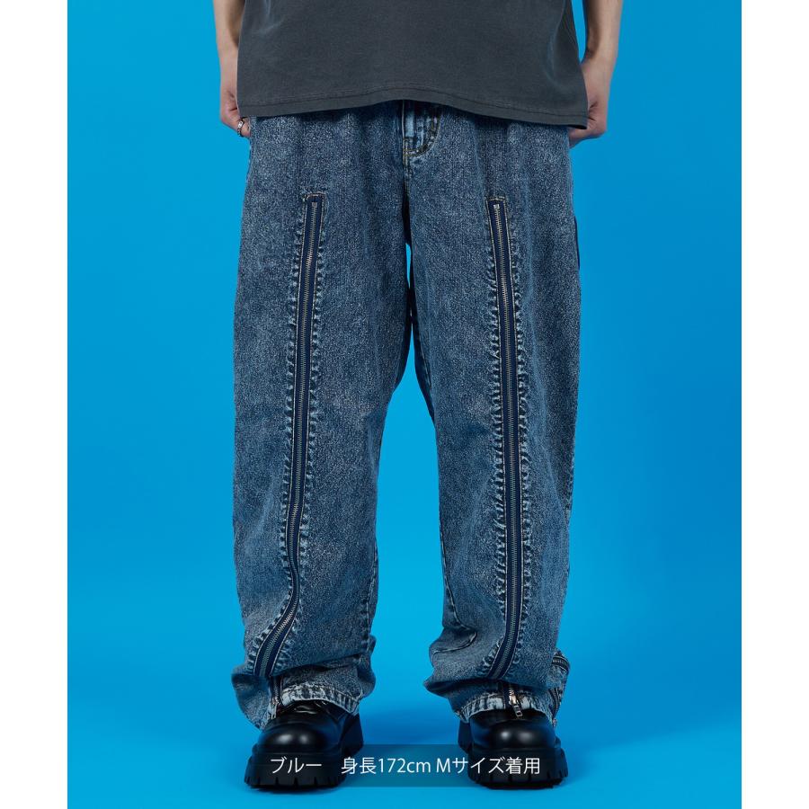 デニムパンツ メンズ ウォッシュド サイドライン　ジップ ワイドパンツバギーパンツ デニム ジーンズ アメカジ カジュアル ストリート スケーター 韓国 | improves | 04